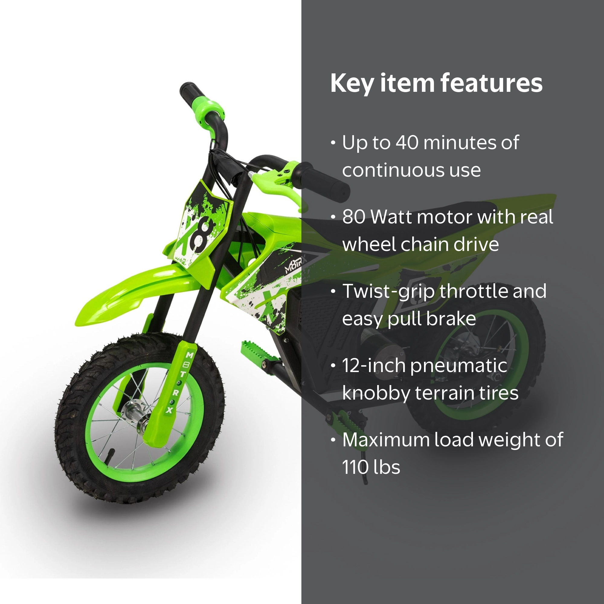 M8TRX SPORTS Green 12V Mini Electric Child Dirt Bike, Battery