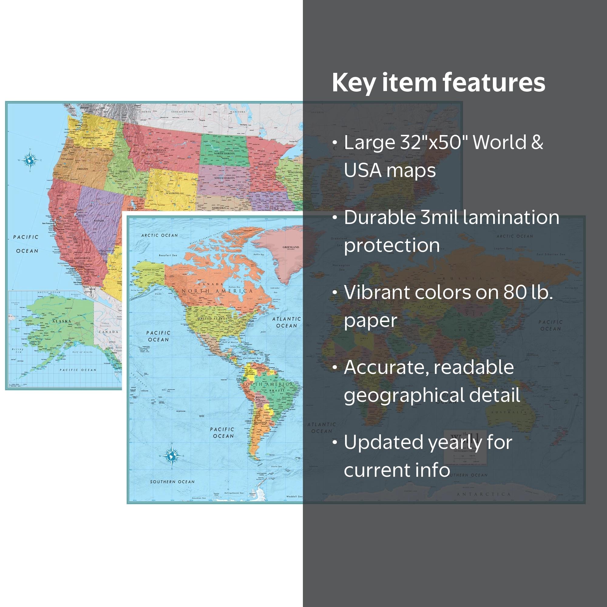 RMC Signature United States USA and World Wall Map Set - Laminated