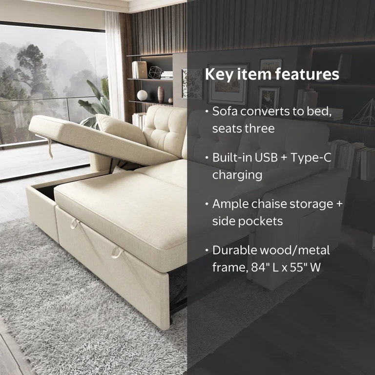 VANACC Sectional Sofa Bed with Storage and Soft Seat ,Reversible Pull Out Couch for Living Room,Beige