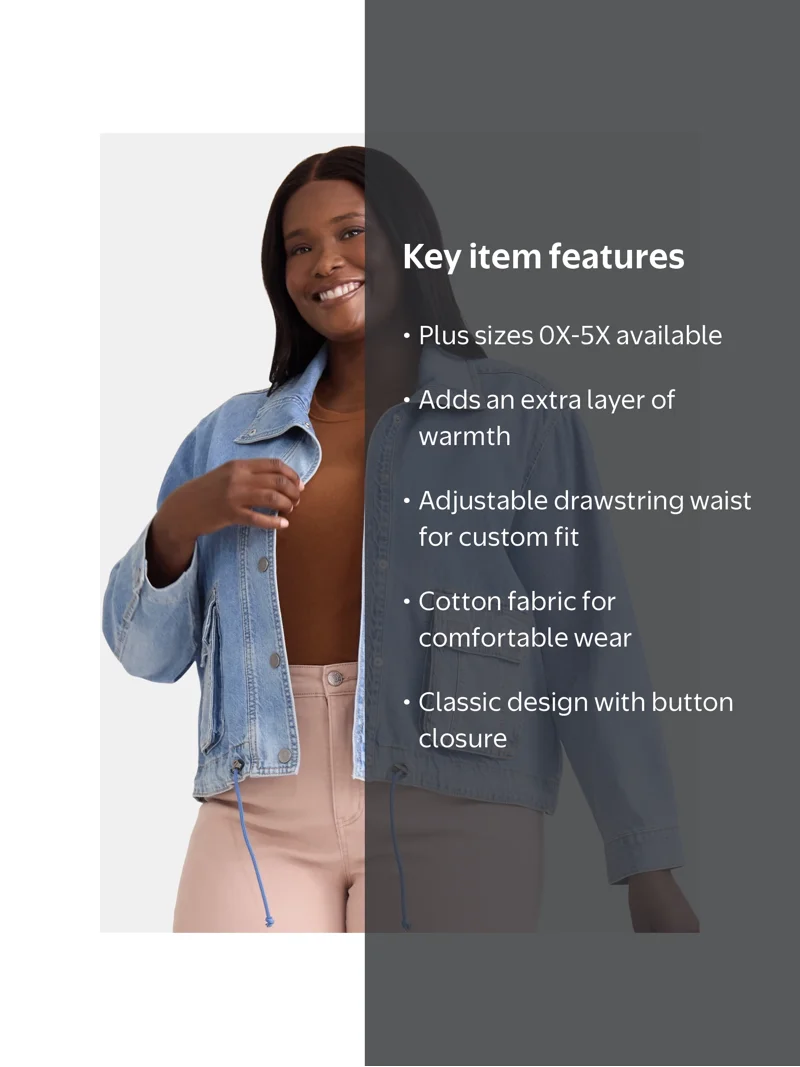 Terra & Sky Women's Plus Denim Utility Jacket, Sizes 0X-5X, Mid
