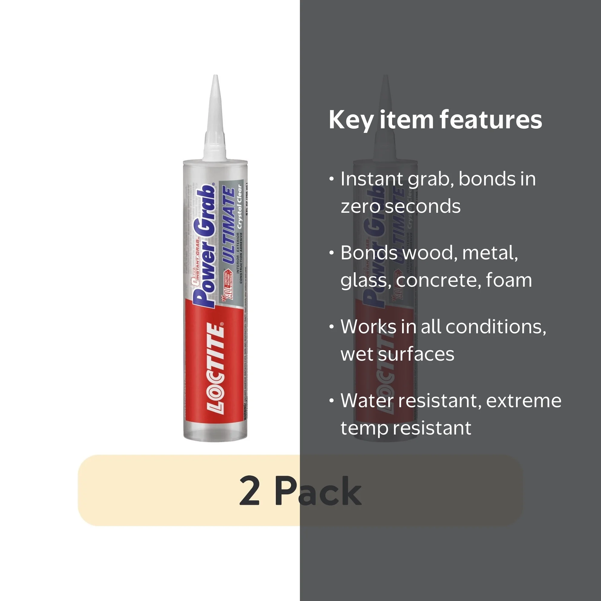 2 pack) Loctite Power Grab Construction Adhesive Ultimate Crystal