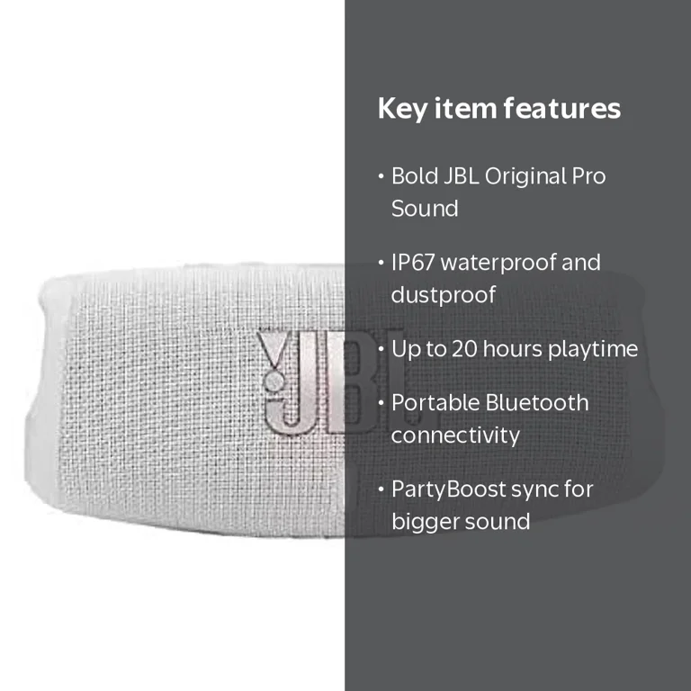 JBL, Charge 5 Portable Bluetooth Speaker, Waterproof IP67, White
