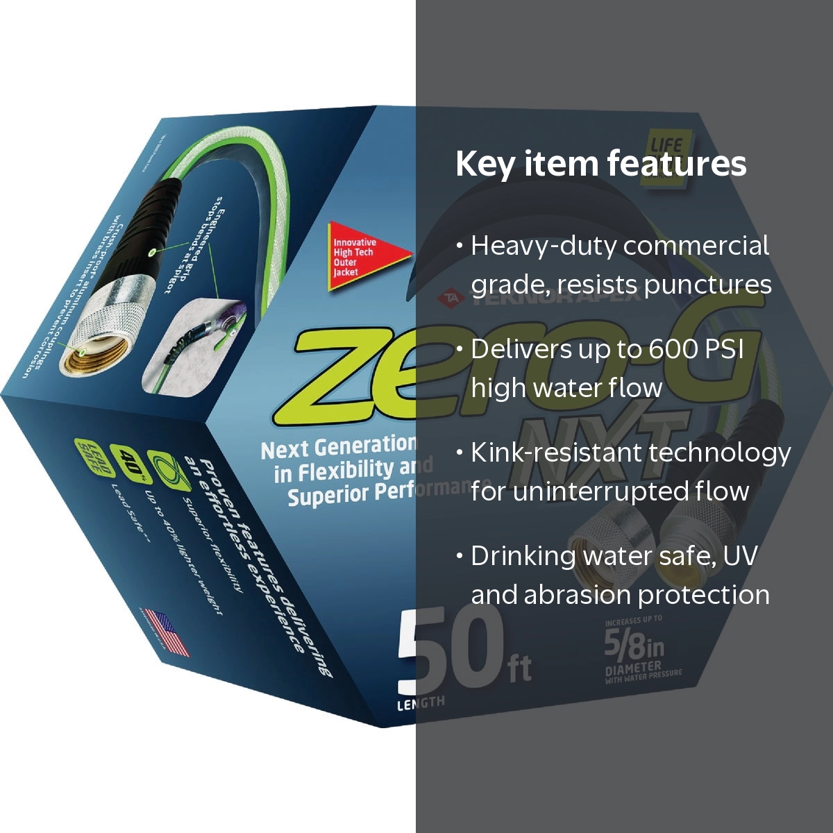 Zero-G, Garden Hose, 5/8 inch x 50 ft, Heavy Duty Flexibility