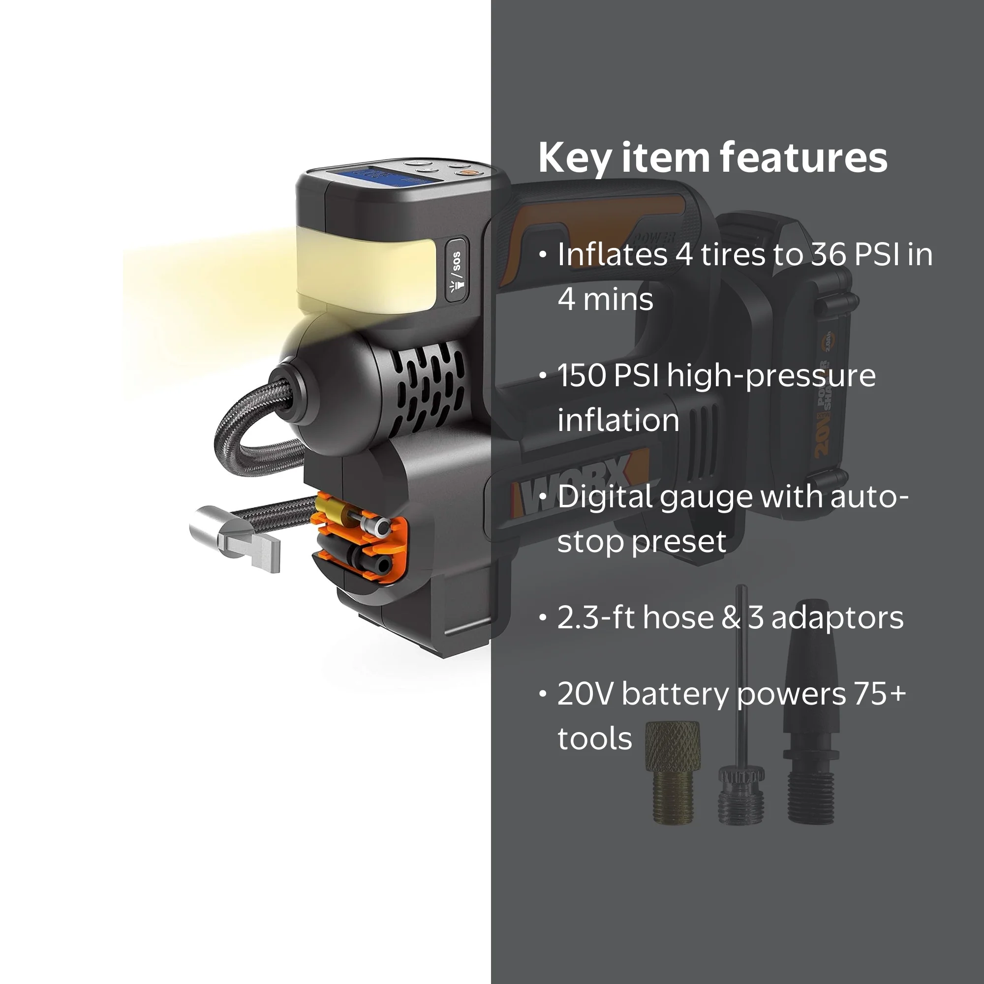 Worx WX092L 20V Power Share Portable Air Pump Inflator, Digital