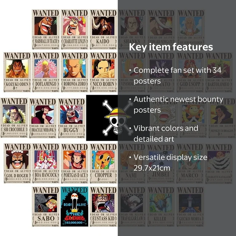 QTH, Anime One Piece Wanted Posters, 30√ó21cm, Set of 34 with