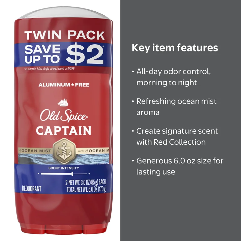 Old Spice, Deodorant Stick, Captain Scent, 3.0 oz, Twin Pack