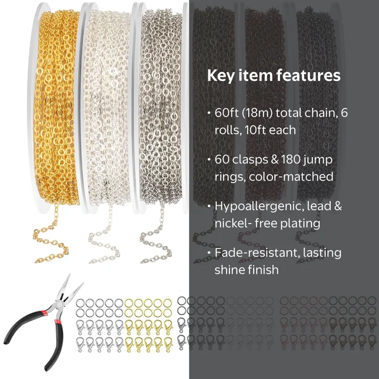 Yalumo, Jewelry Making Chain Set, 60ft 6 Rolls with Pliers, 6