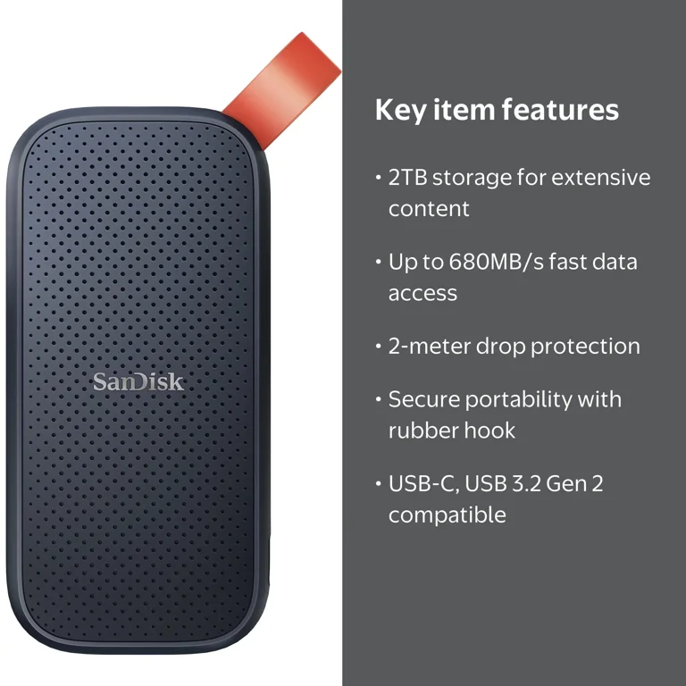SanDisk 2TB Portable SSD - up to 680MB/s, USB-C, USB 3.2 Gen 2