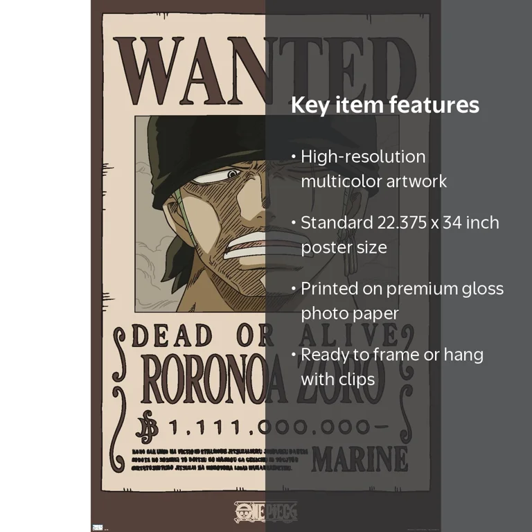 One Piece - Roronoa Zoro Wanted Poster Wall Poster, 22.375