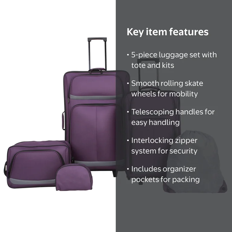 Protege 5-Piece Purple Softside Travel Luggage Set with 2 In-Line