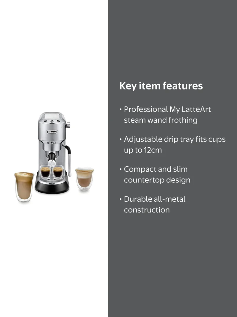 De'Longhi, Espresso Machine, Dedica Arte 15-Bar, 2-Cup Metal