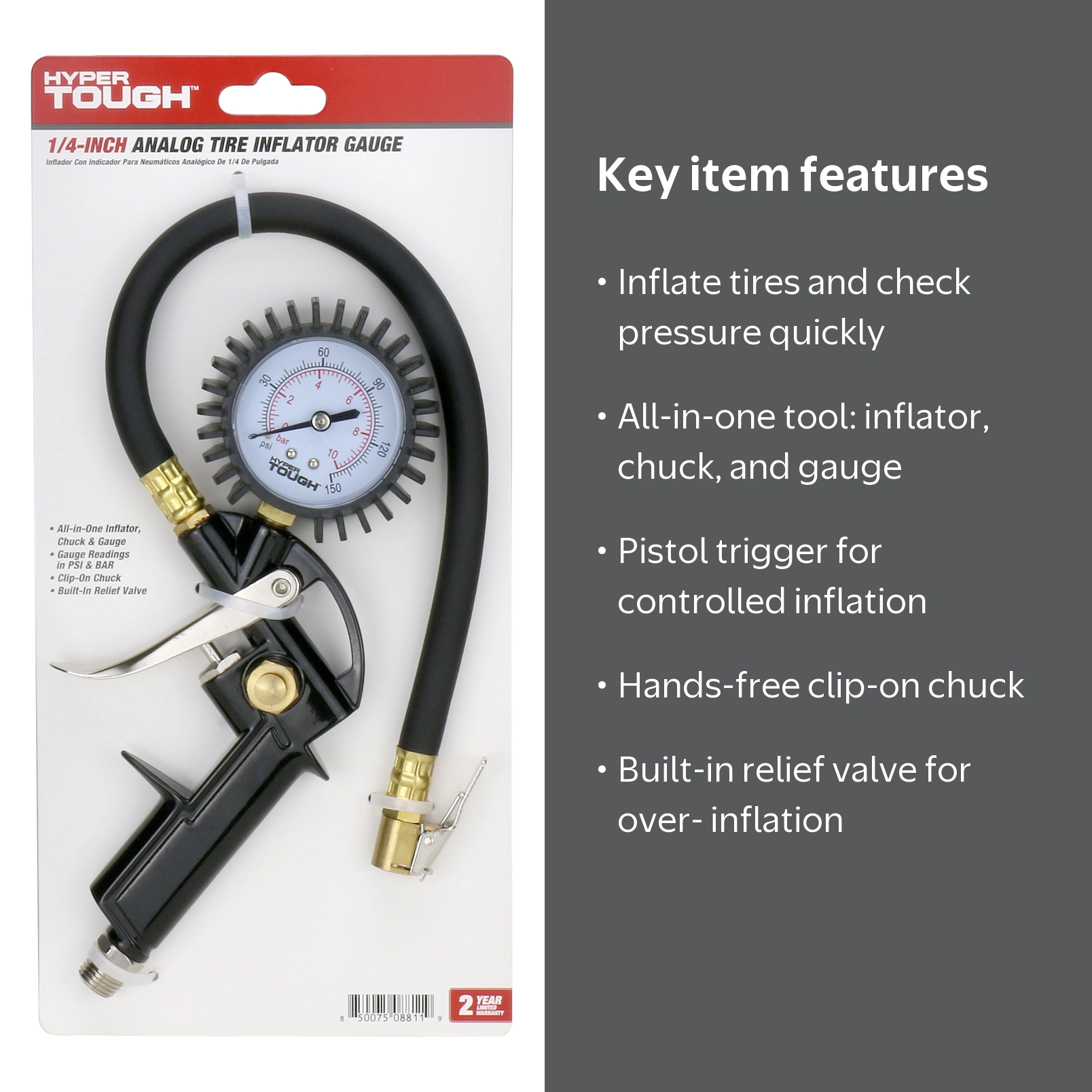 Hyper Tough ST8T068 Analog Tire Inflator Gauge, All-in-One