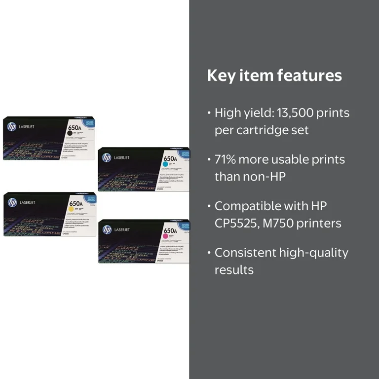HP 650A Color LaserJet CP5525, M750 4-Color Toner Cartridge Set
