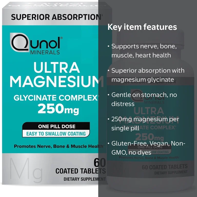 Qunol Magnesium Glycinate Complex, 250mg, 60 ct, Gentle on Stomach