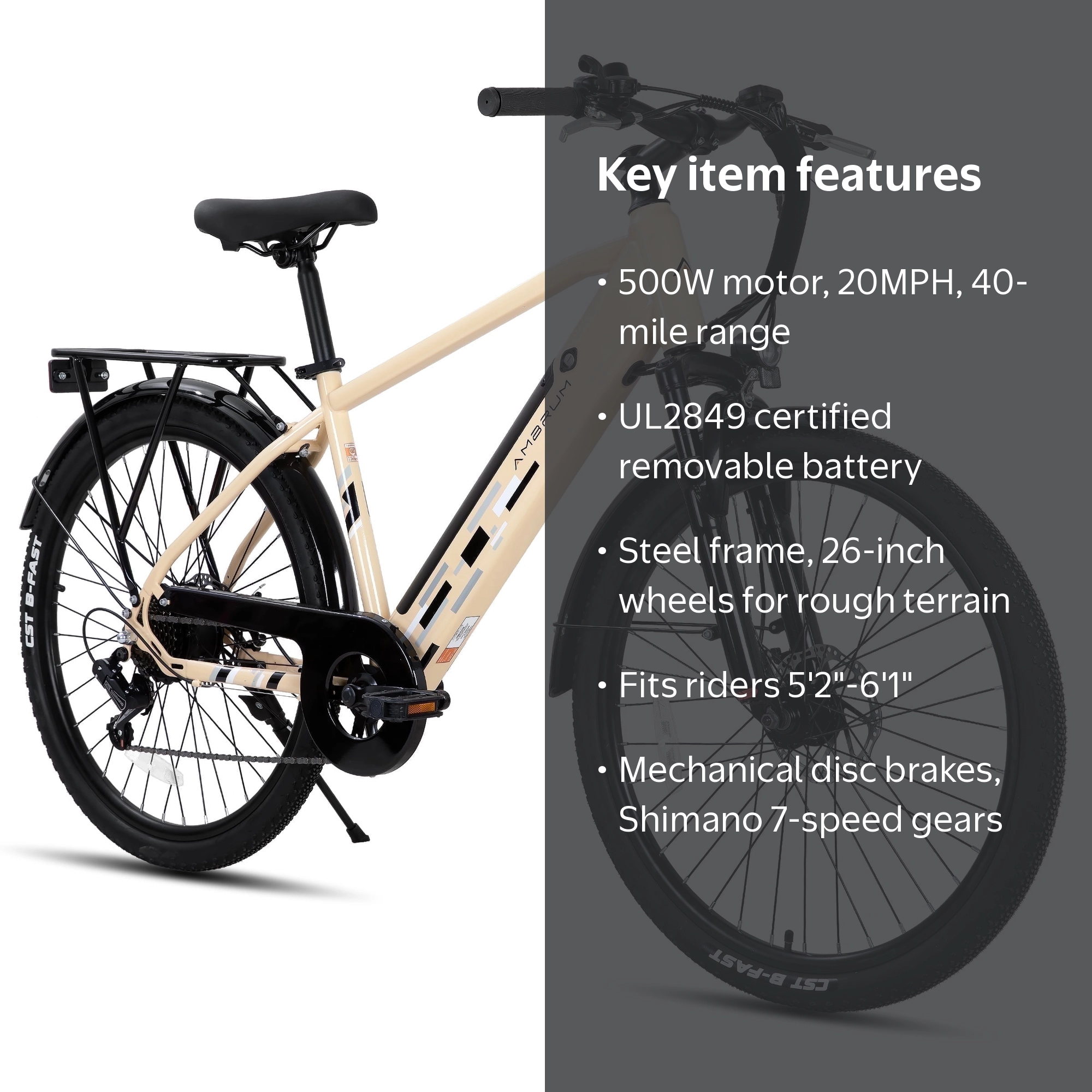 HILAND, Electric Mountain Bike, 26 inches, Beige, 500W Brushless