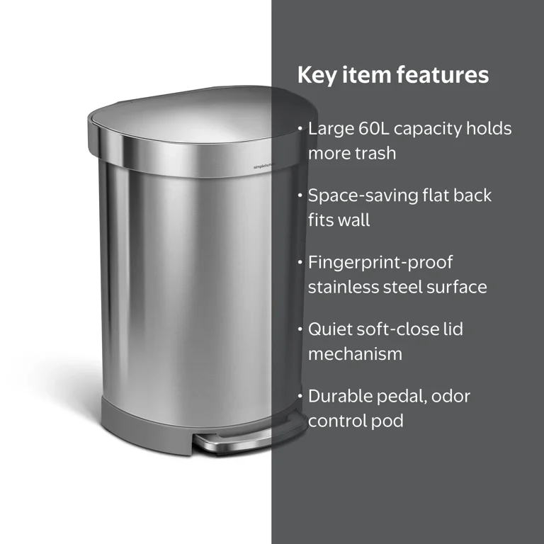 simplehuman 60L/16G Semi-Round Kitchen Trash Can, Hands-Free, Soft
