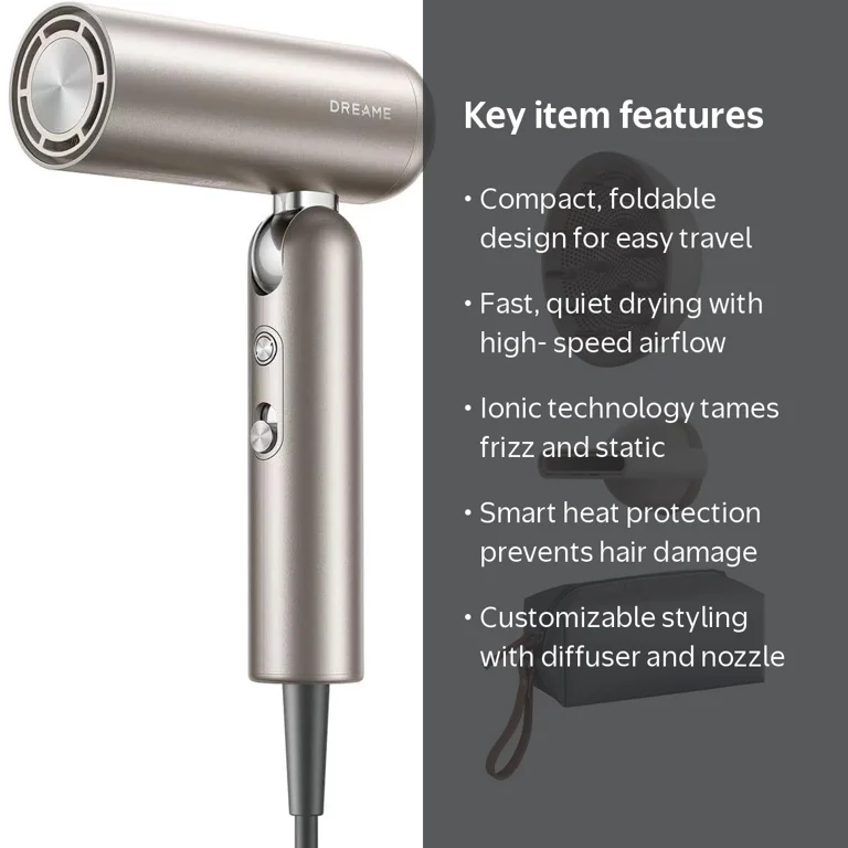 dreame, Ionic Hair Dryer, 1000 Watts, Fast Drying, Portable