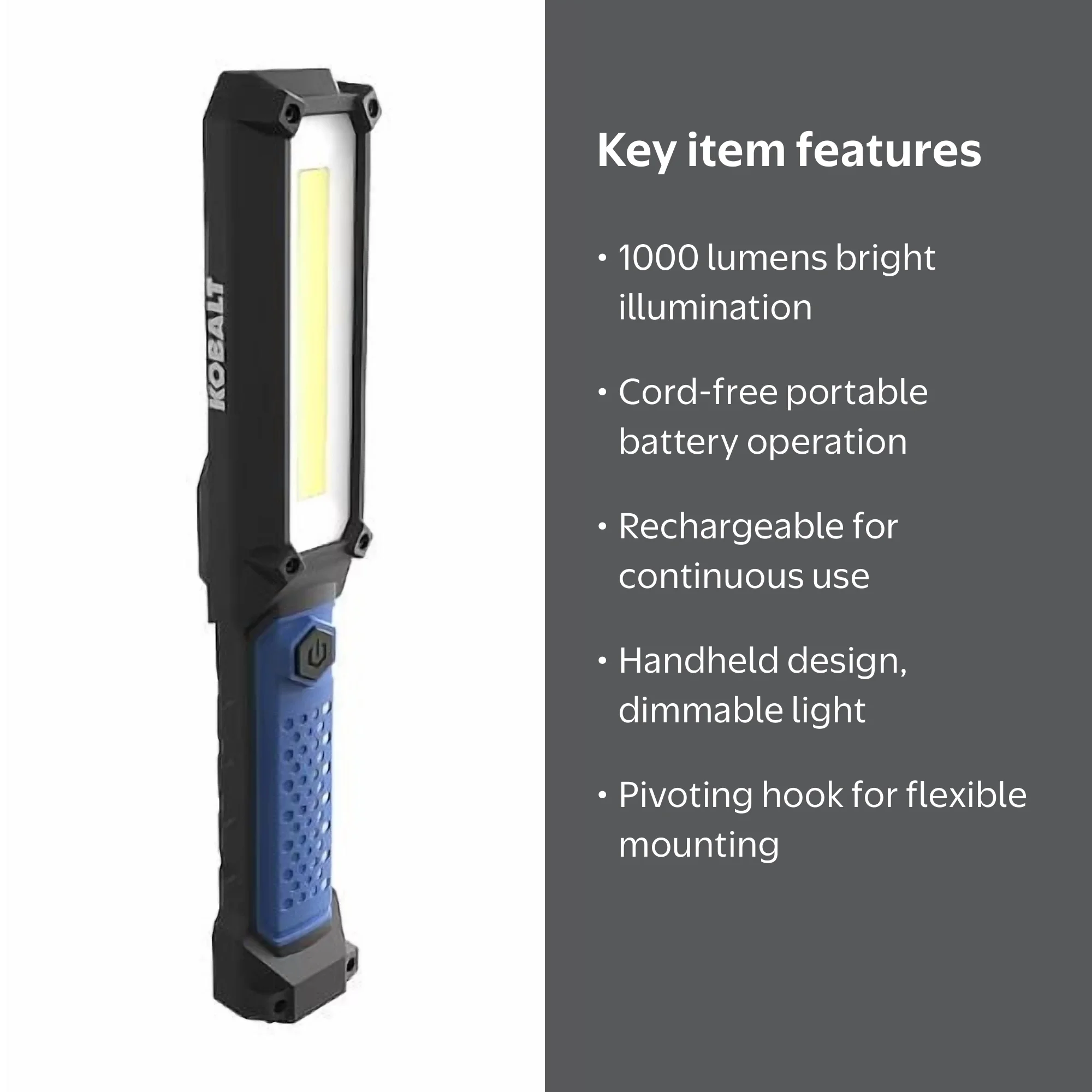 craftsman 1000-lumen led rechargeable flashlight 1100 Lumens 4000K Tiltable Portable Work Light in Red with 2-in-1 Adjustable Metal Rotating Stand and Handle, Impact-Resistant Glass Lens, 5FT Power Cord, ETL, Perfect for Job Site Hyper Tough 1000 lumens led rechargeable portable work Light provides 2 setting Kobalt 1000-Lumen LED Battery-operated Rechargeable