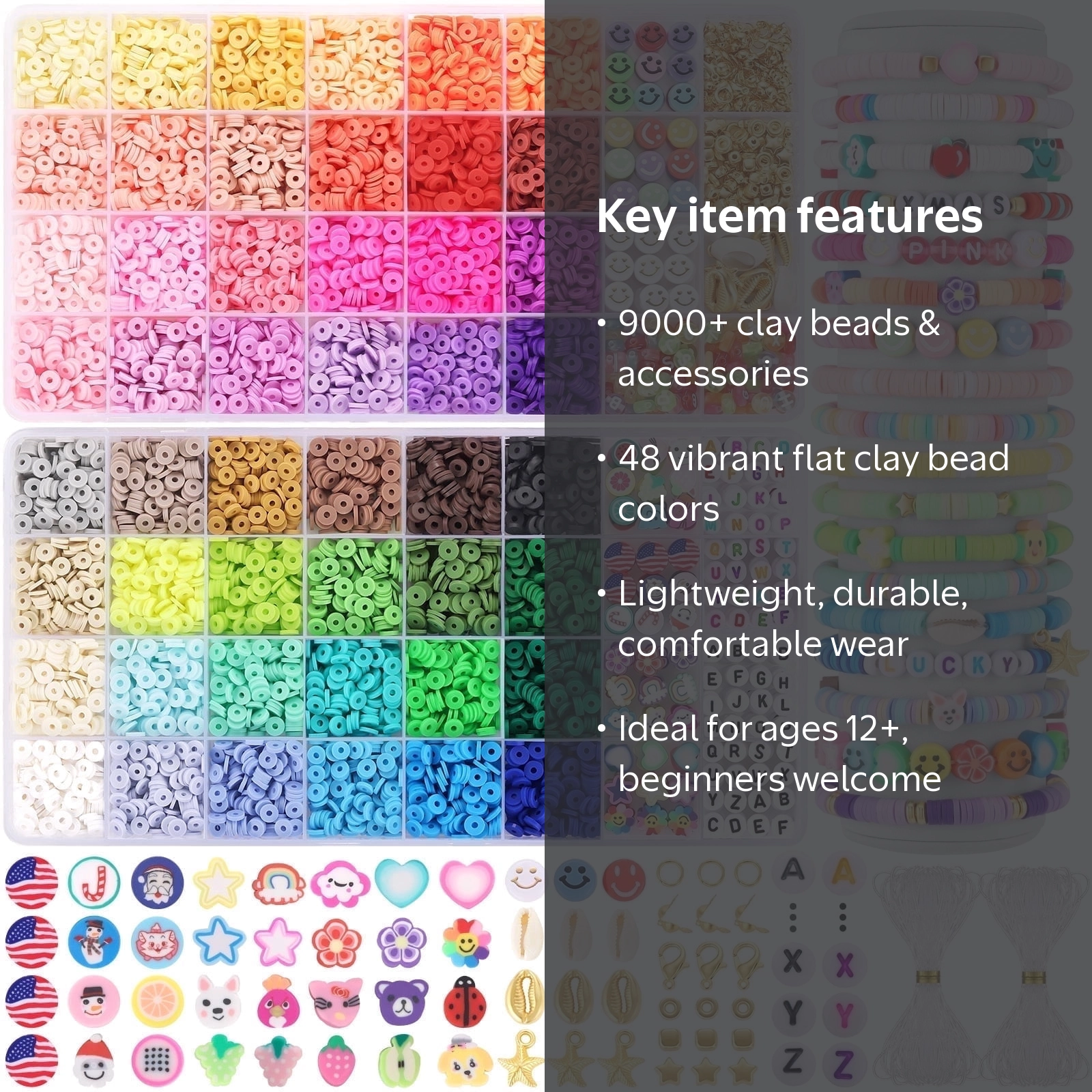 Funtopia 48 Colors Polymer Clay Beads Kit, Flat Heishi Bracelet