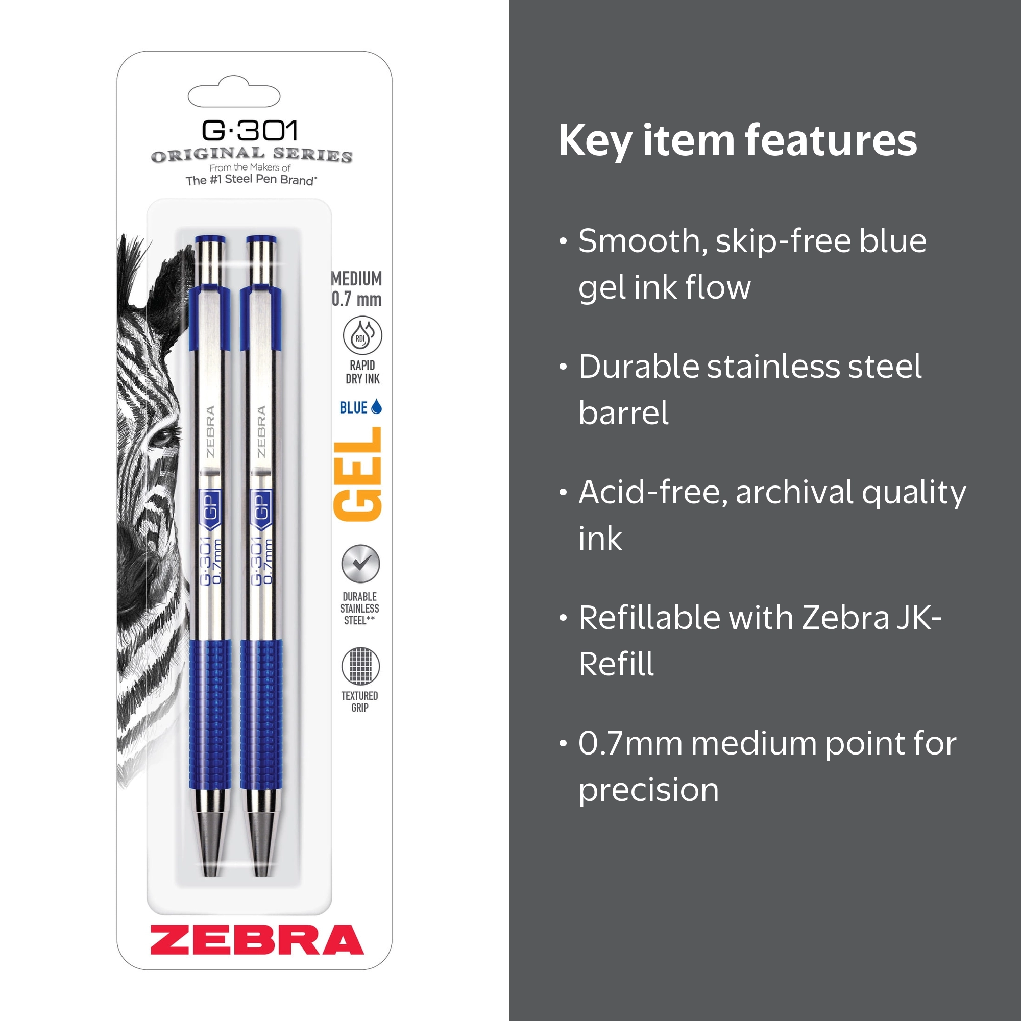Zebra, Gel Retractable Pen, G-301, 0.7mm, Blue Ink - Walmart.com