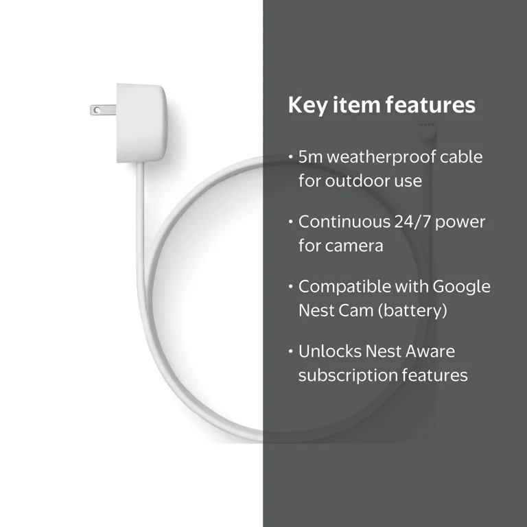 Google Nest, Weatherproof Cable, 5 Meters Snow, Outdoor Power