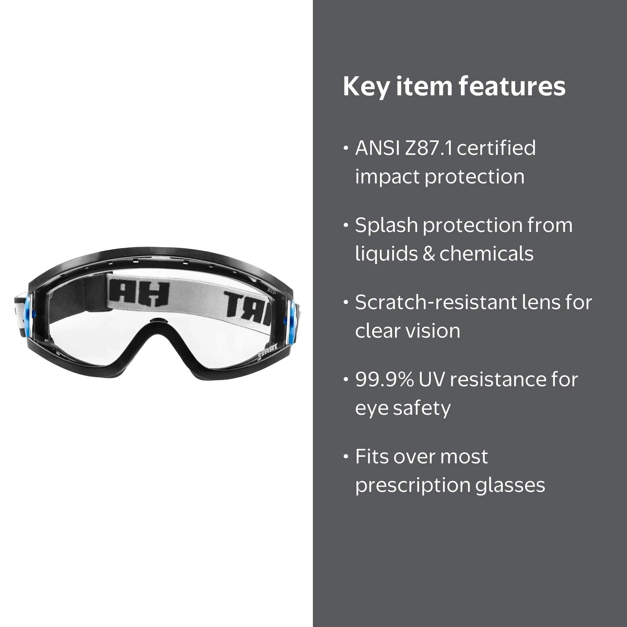 HART Chemical Splash/Impact Resistant Safety Goggles with Clear