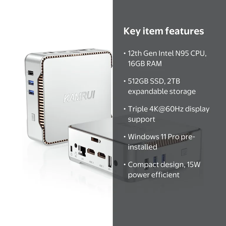 KAMRUI Mini Desktop Computer PC with Intel N95, 16GB/512GB