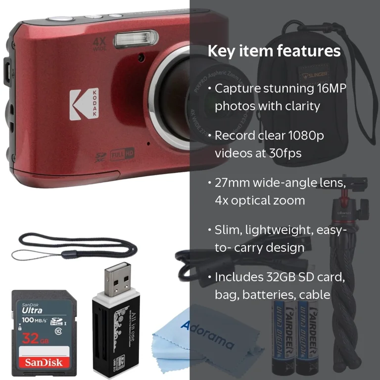 Kodak PIXPRO FZ45 Friendly Zoom 16MP Full HD Digital Camera, Red