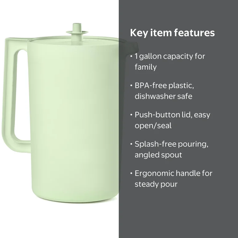 Tupperware Heritage 1 Gallon Plastic Pitcher with Lid, Mint Green
