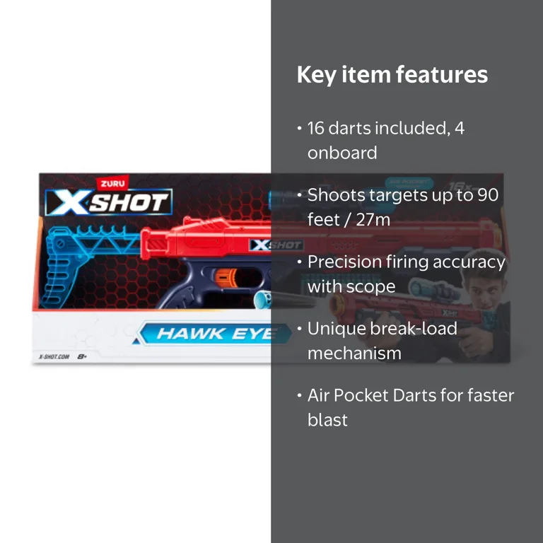 XSHOT Excel Hawk Eye Blaster, 16 Darts, Blue with Detachable Scope