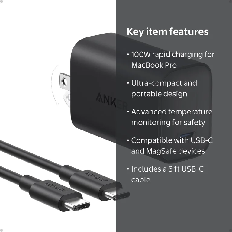 Anker, Nano Charger, 100W Foldable Type C, Black with 6FT USB-C