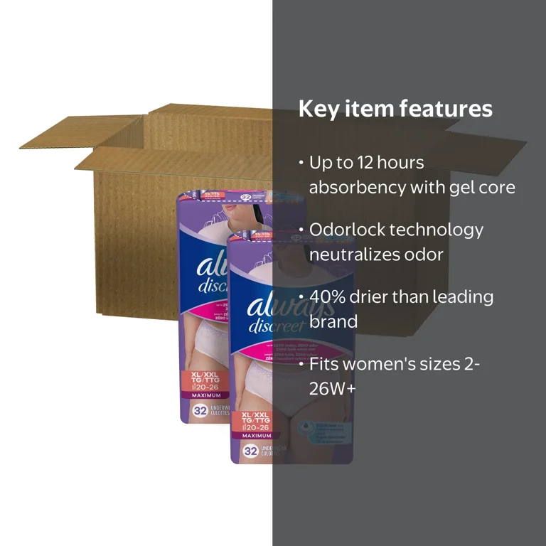 Always Discreet, Adult Diapers for Women Size XL/XXL, 64 Count