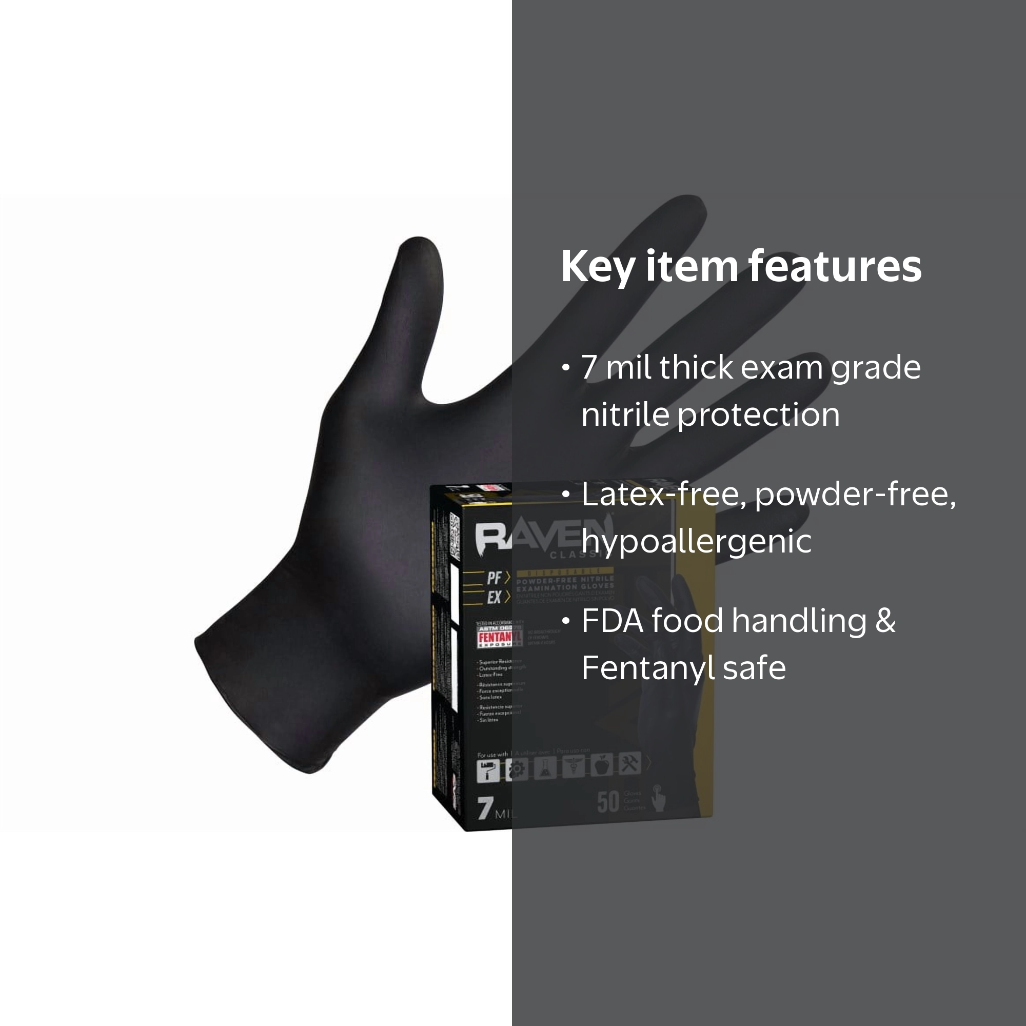 Raven, Nitrile Disposable Gloves, 7 mil, Powder-Free, Large