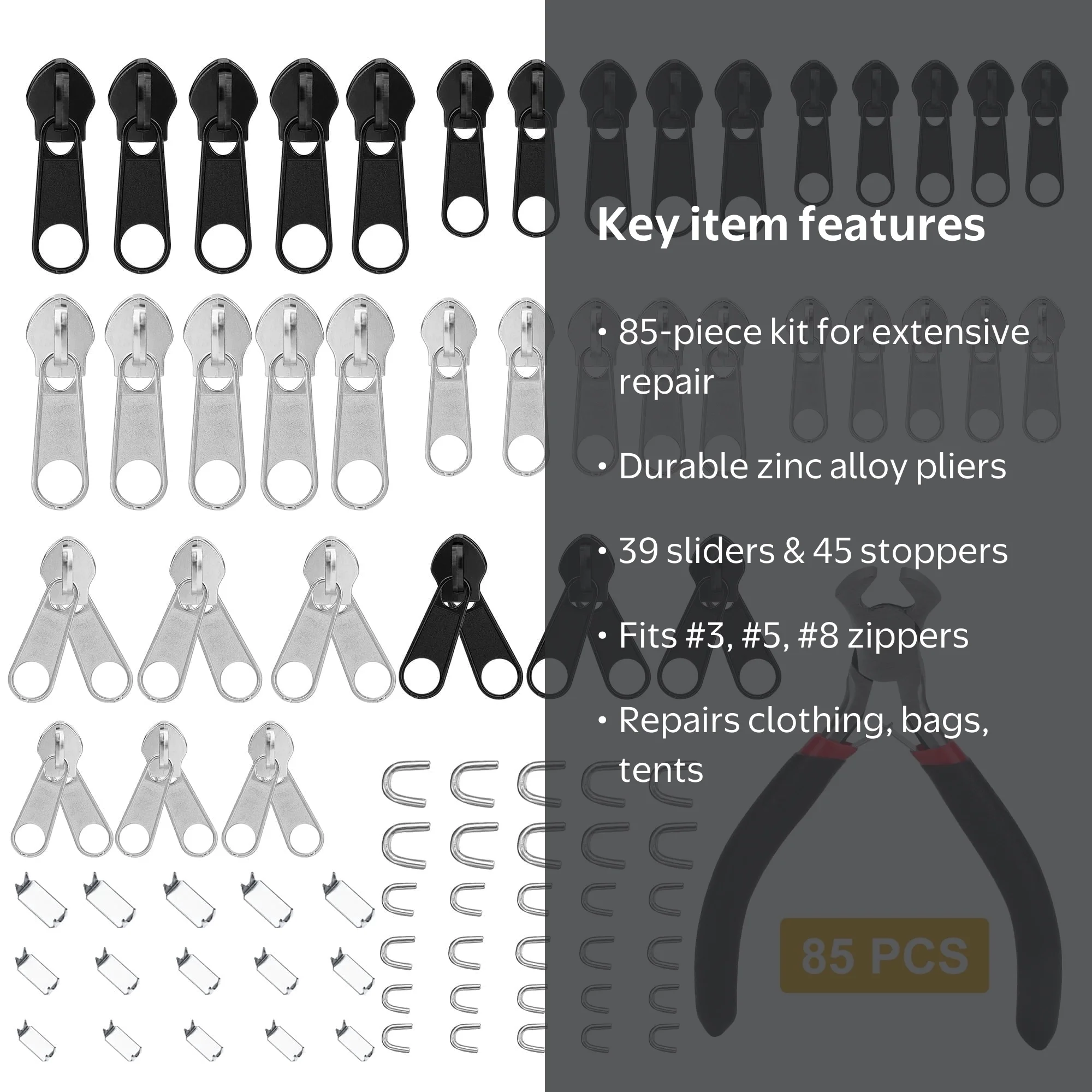 TSV Zipper Repair Kit 85pcs, Universal Zipper Parts for Jackets