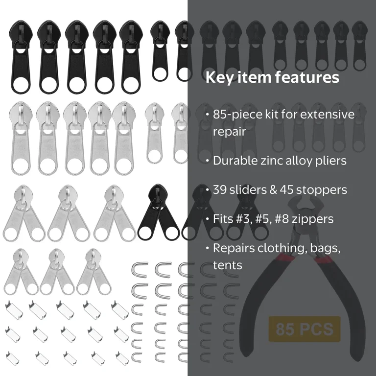 TSV Zipper Repair Kit 85pcs, Universal Zipper Parts for Jackets