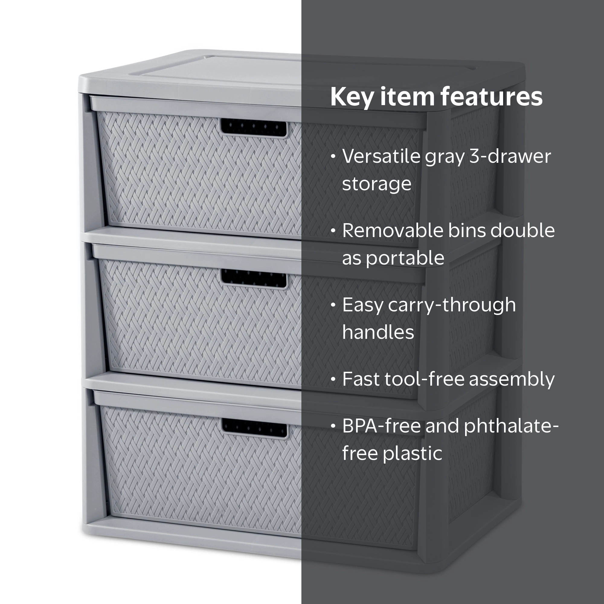 Sterilite Wide 3 Drawer Tower, Plastic Storage Organizer with