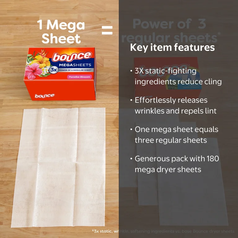 Bounce Mega Dryer Sheets, 180 Ct, Long Lasting Freshness, Outdoor