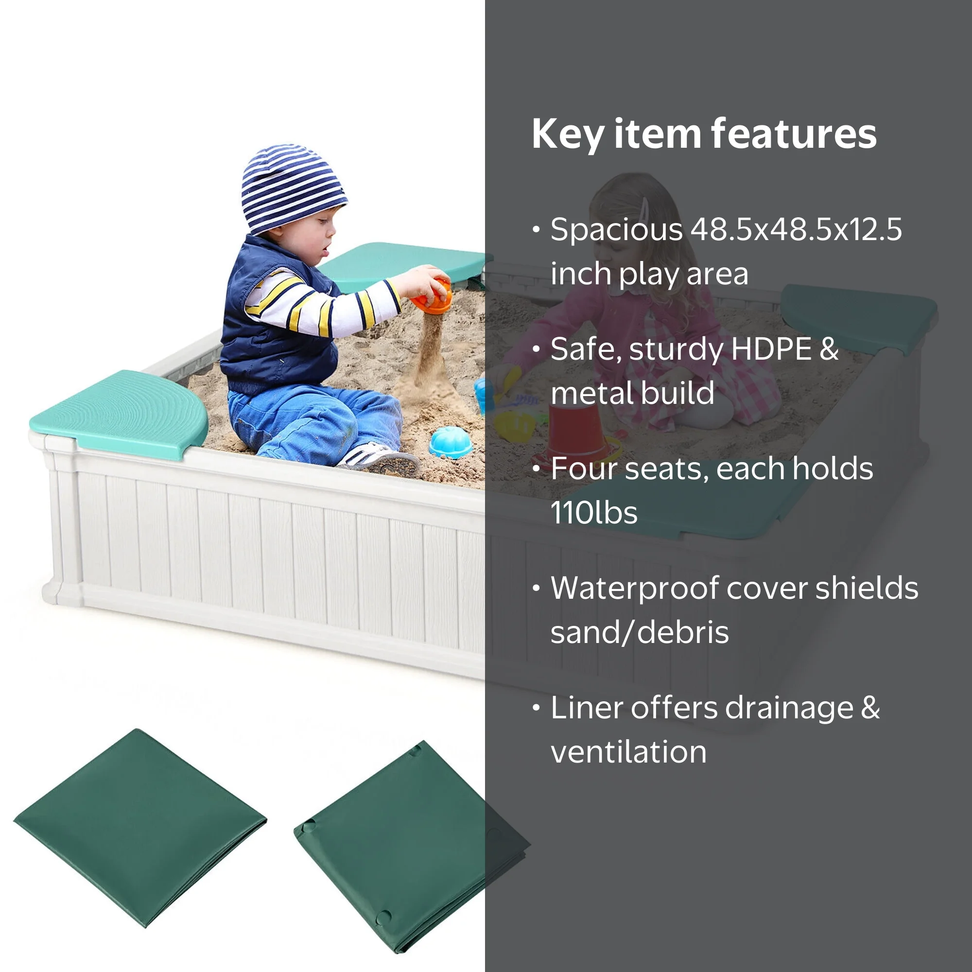 Gymax, Kids Outdoor Sandbox, 48.5'' x 48.5'' x 12.5'', White