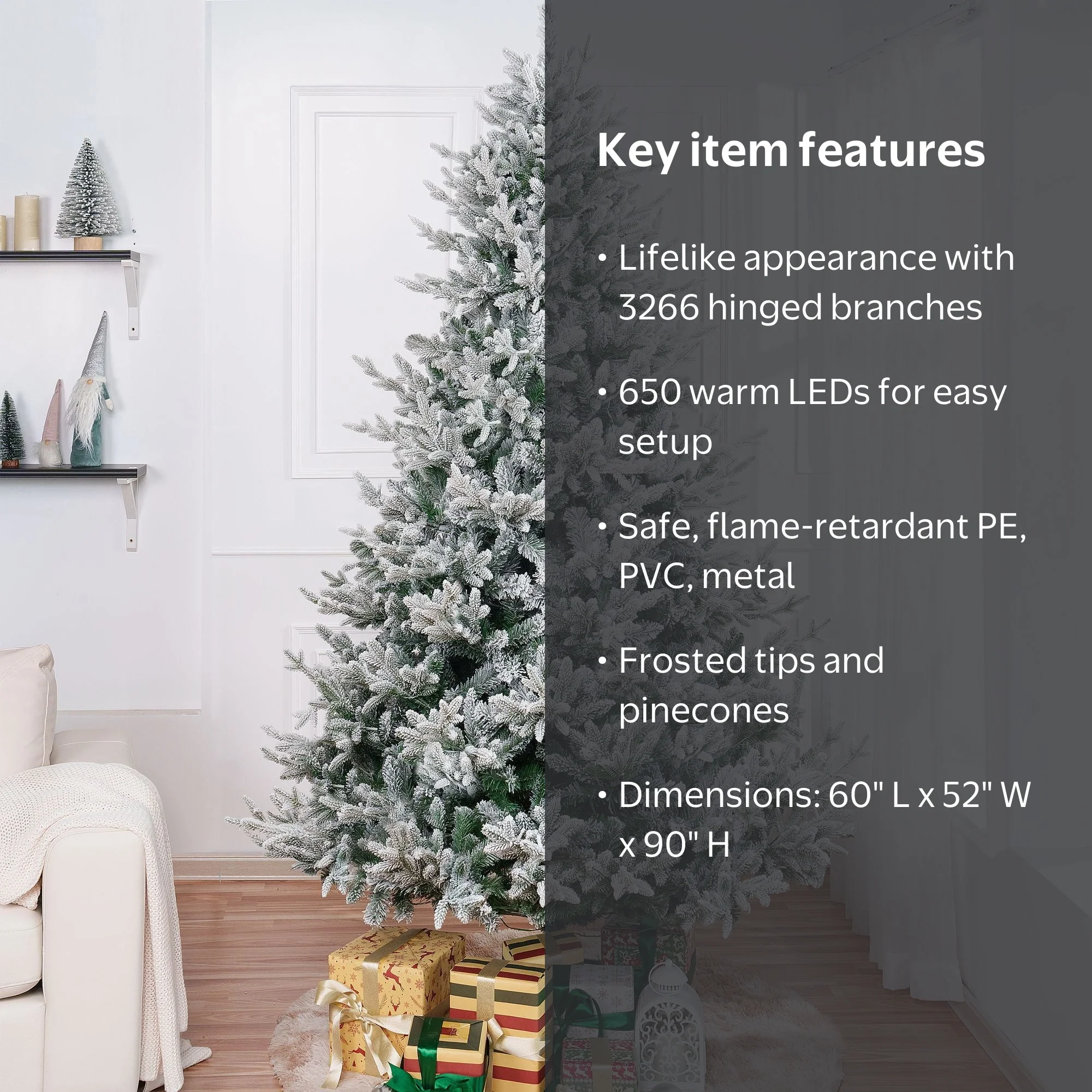 Naomi Home, Frosted Christmas Tree, 7.5ft, White with Lights