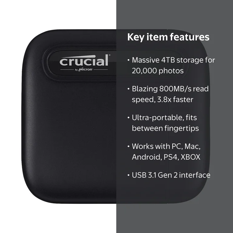 Crucial X6 1TB Portable SSD - USB 3.2, USB-C - Fast Laptop Storage