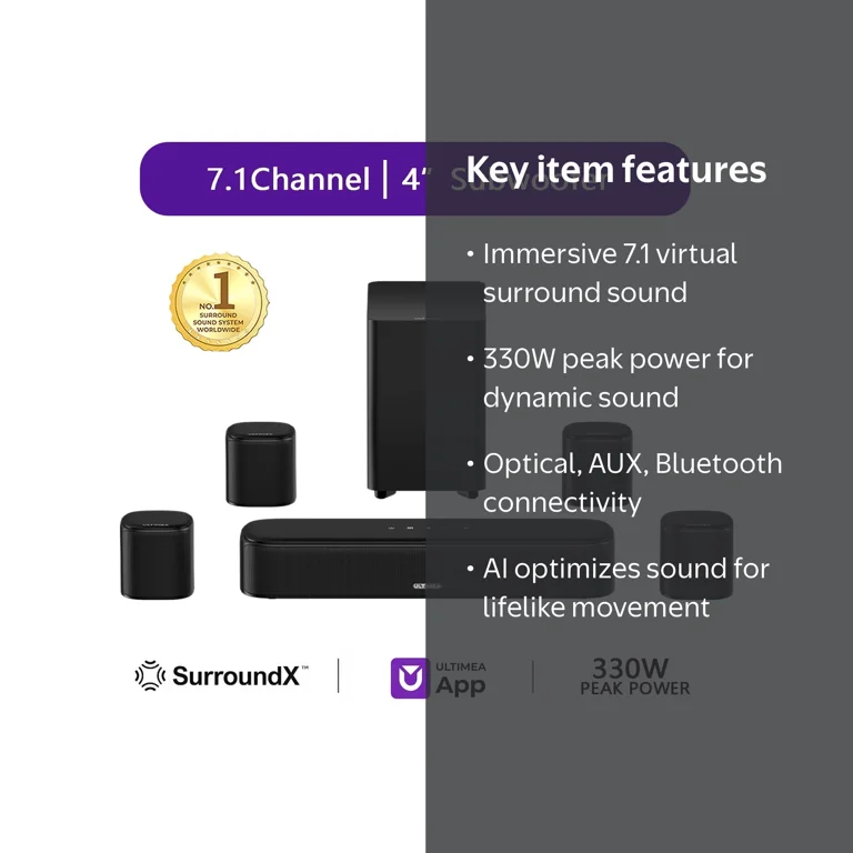 Ultimea 7.1ch Virtual Surround Soundbar, 330W Sound Bar with