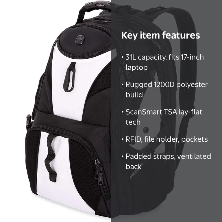 SWISSGEAR, Laptop Backpack, 17-inch, ScanSmart TSA in White