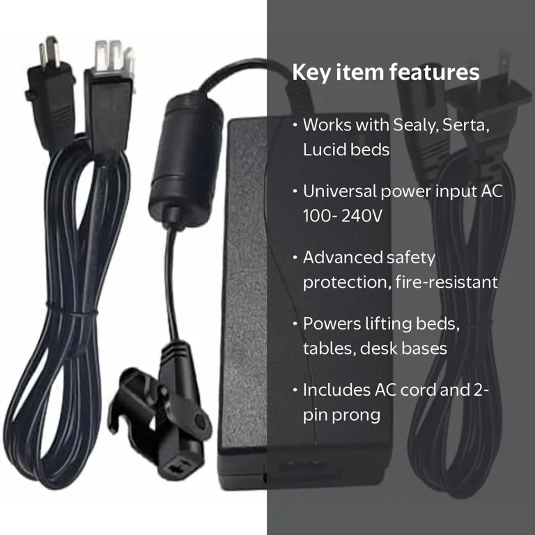Adjustable Bed Base Power Supply Replacement Power Cord Kit