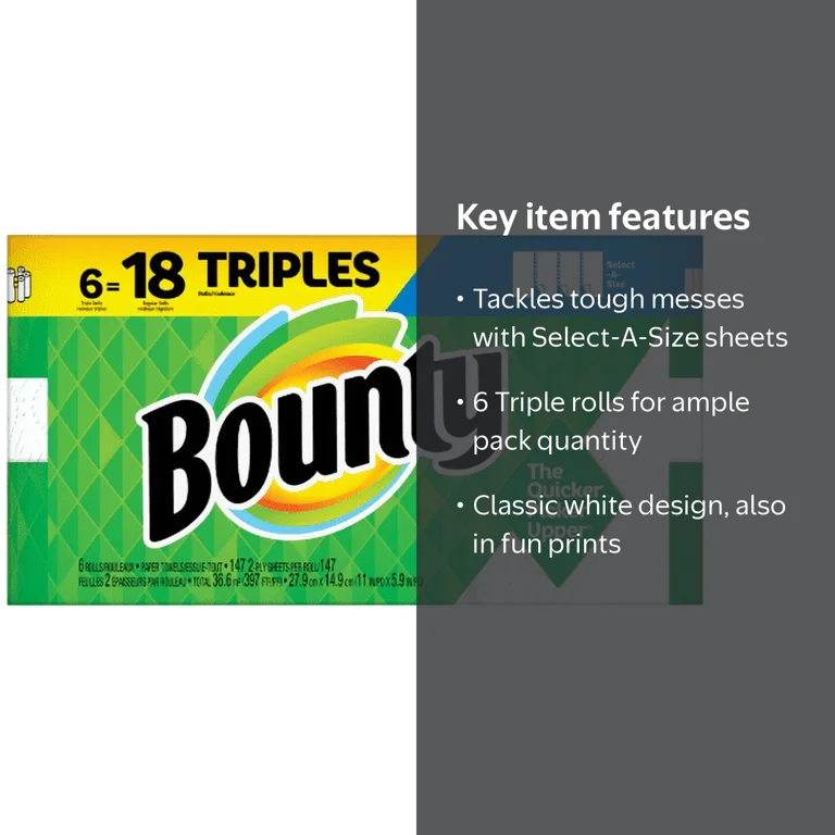 Bounty, Paper Towels, Select-A-Size, White, 6 Triple Rolls