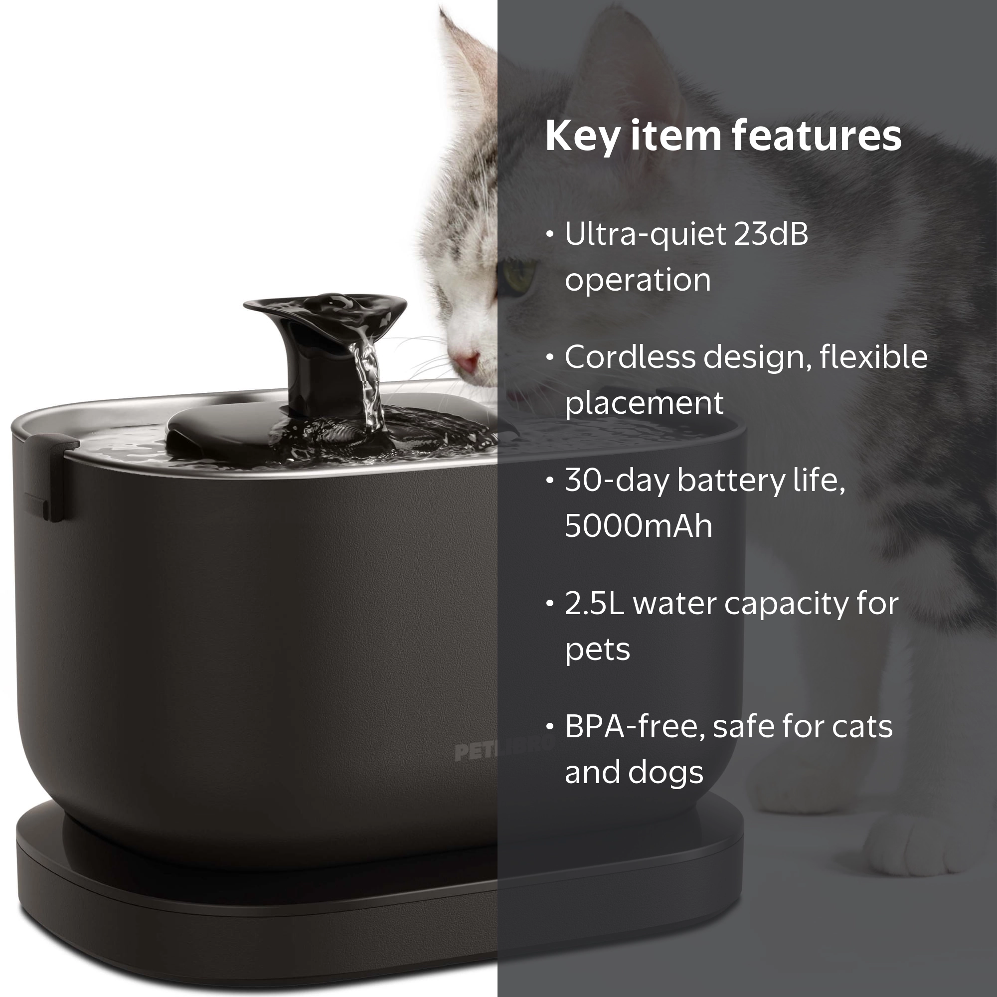 PETLIBRO Cat Water Fountain, Silent Rechargeable, 2.5L Stainless