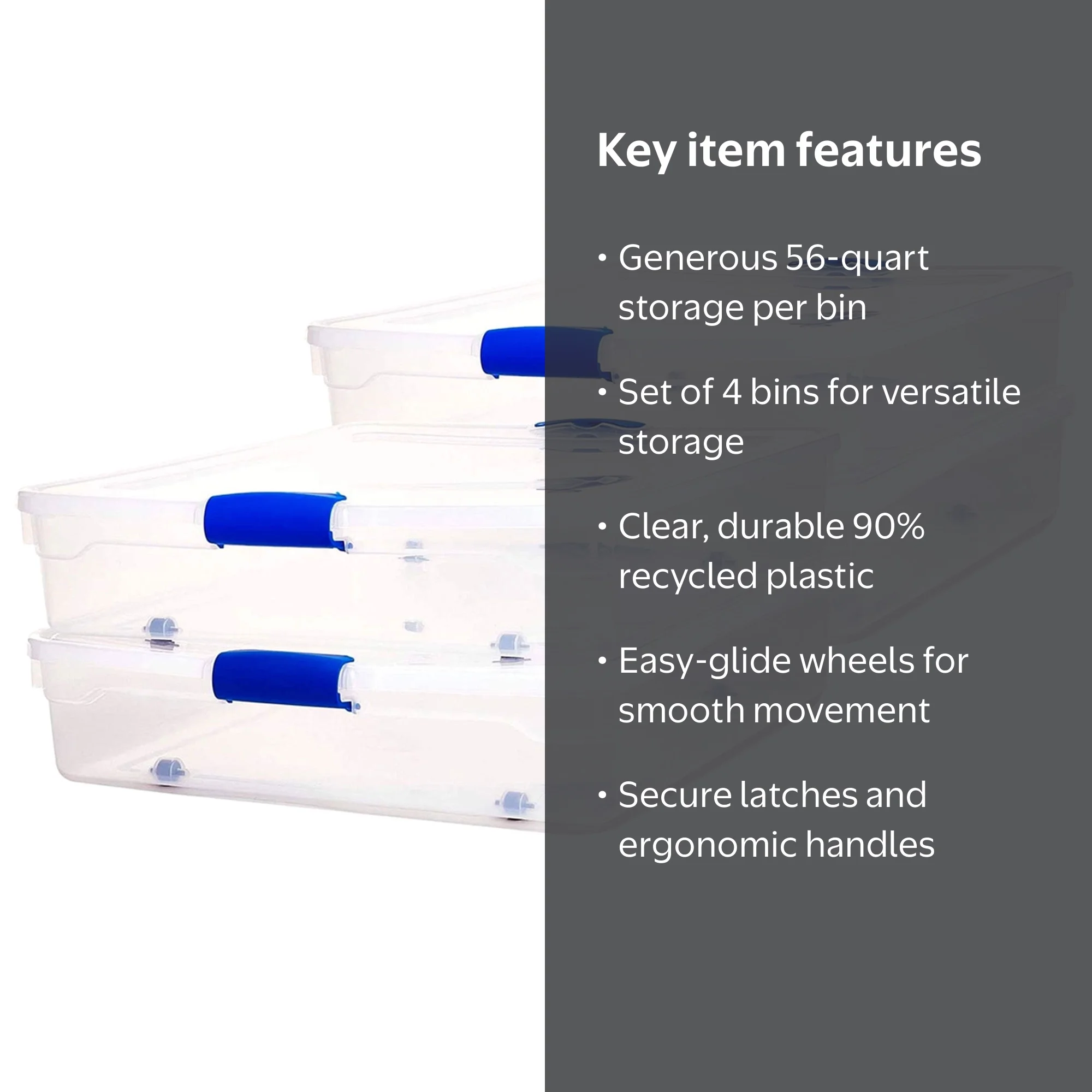 Homz Large 56 Qt Underbed Bins, Secure Latch Clear Plastic Storage