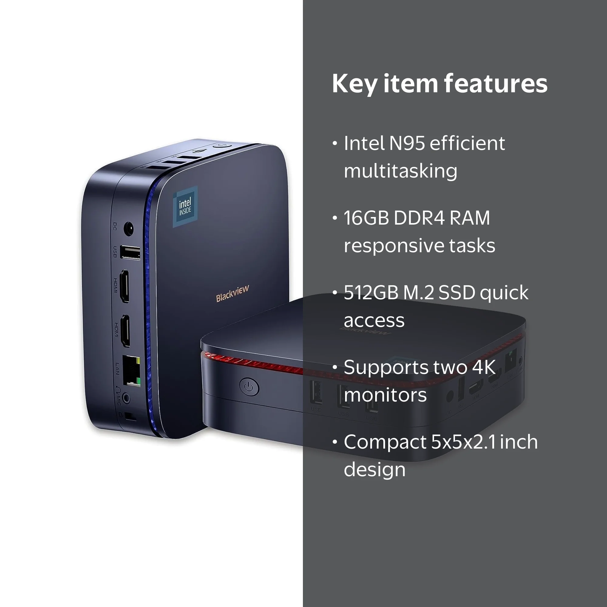 Blackview MP60 Mini PC, Intel N95, 16GB RAM, 512GB SSD, Gaming, 4K