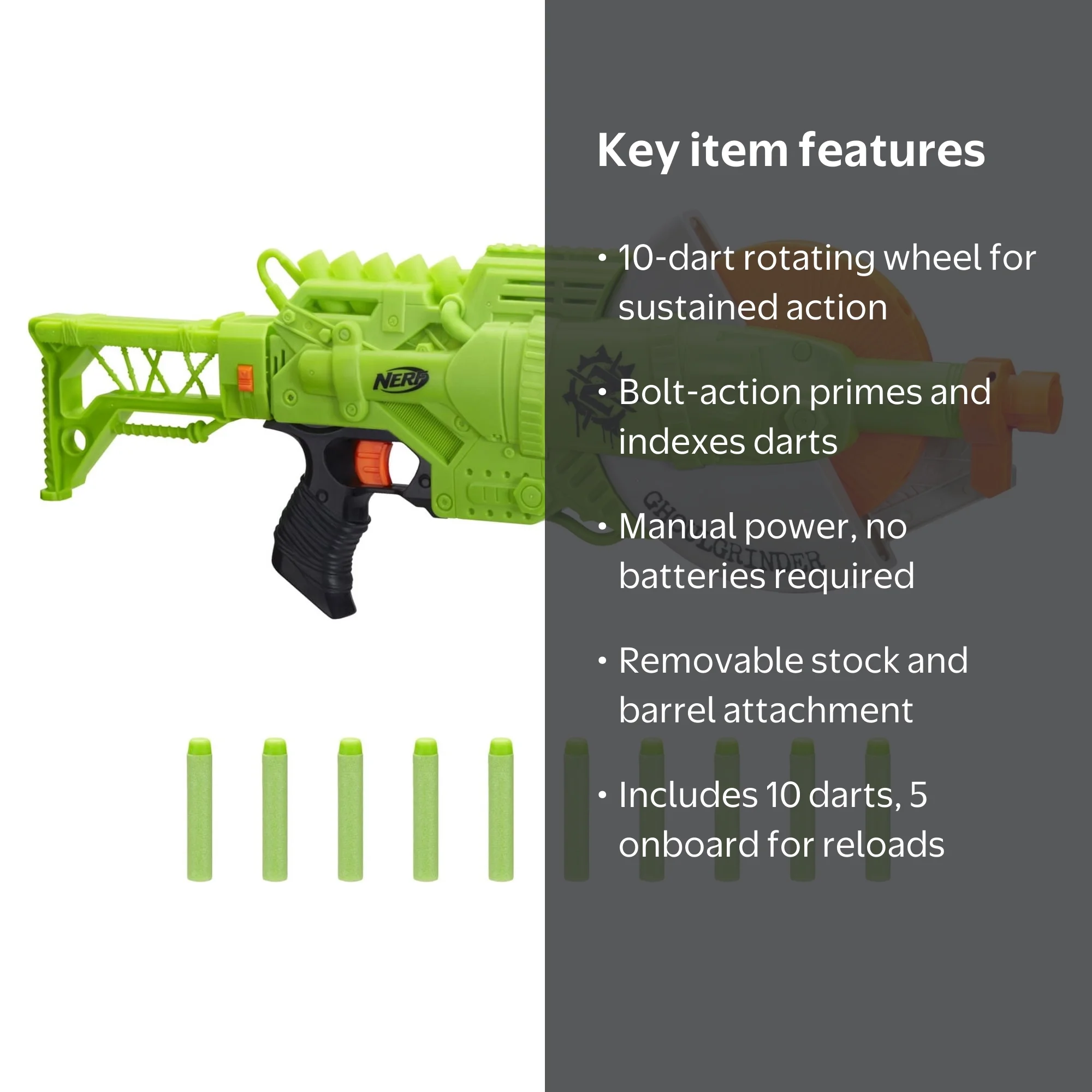 Nerf Zombie Strike Ghoulgrinder Blaster - Fire with Rotating 10