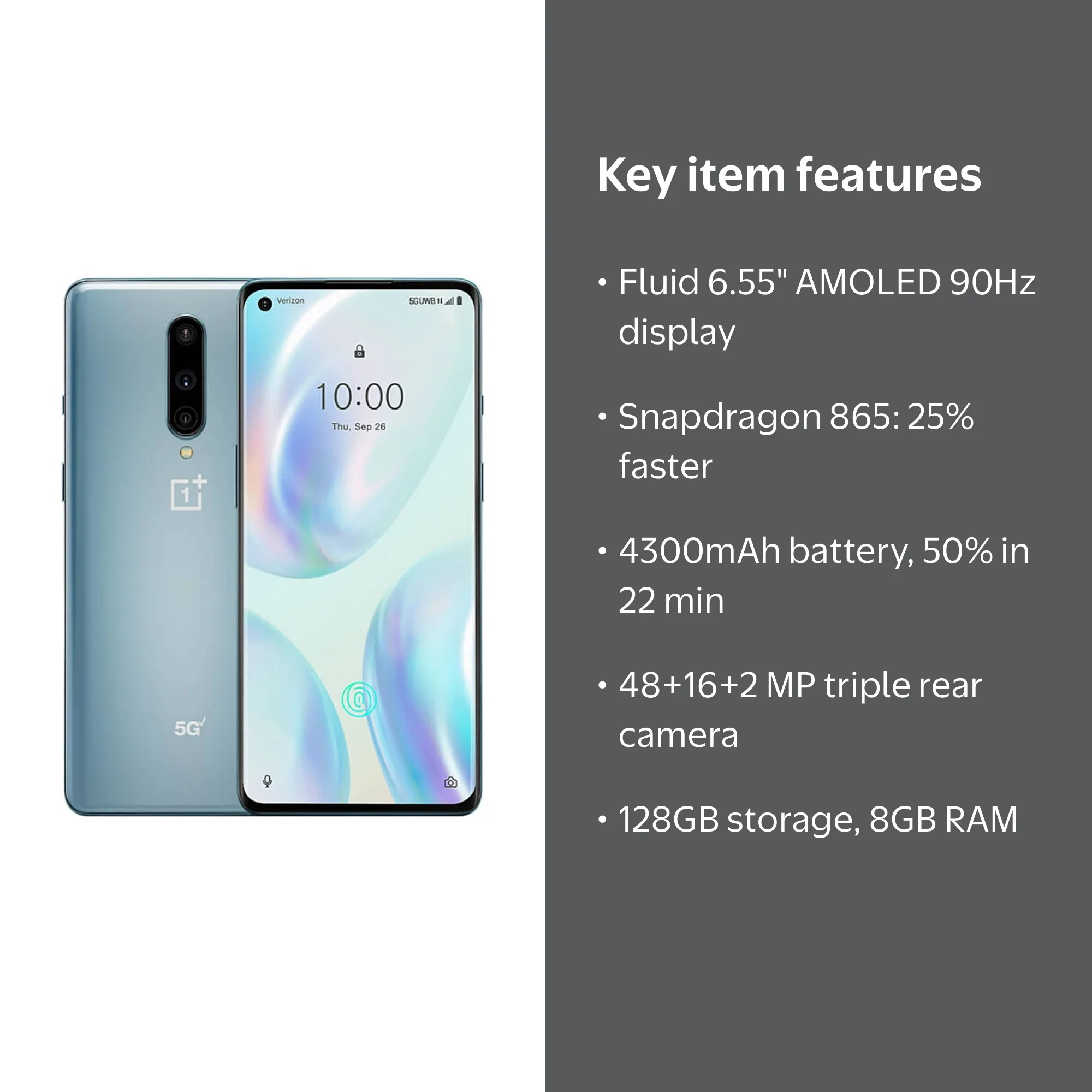 OnePlus 8 5G UW IN2019 128GB/8GB RAM Verizon unlocked 6.55 in