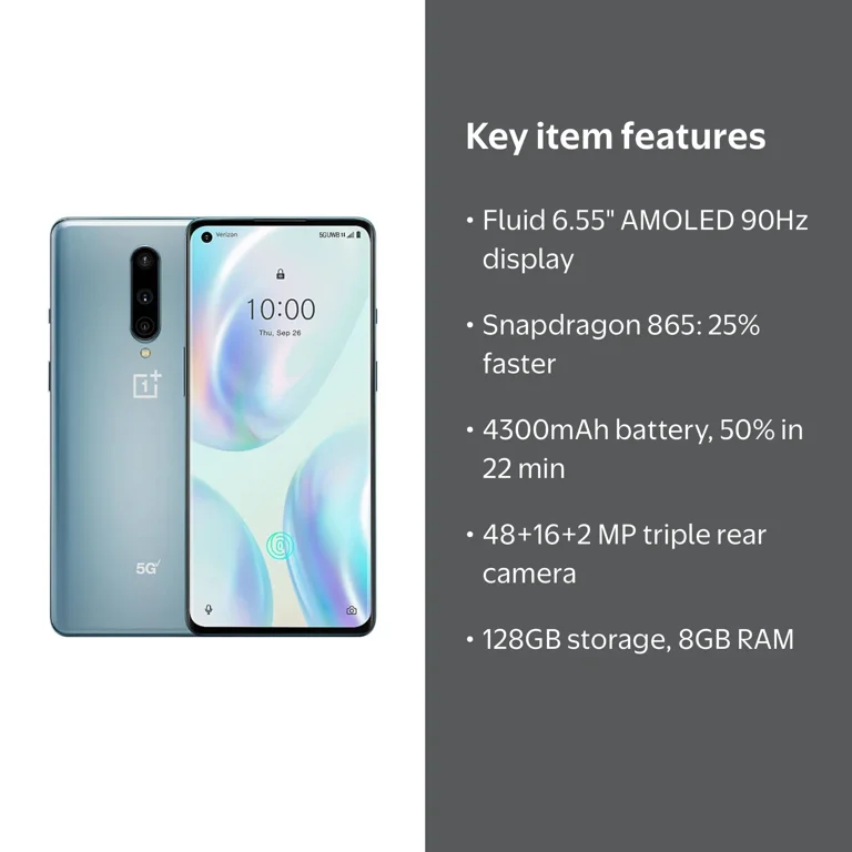 OnePlus 8 5G UW IN2019 128GB/8GB RAM Verizon unlocked 6.55 in